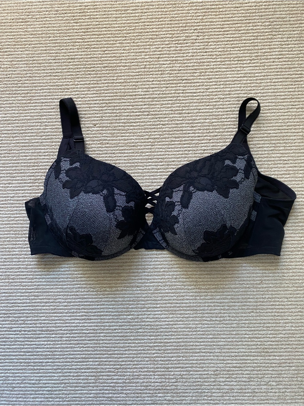 torrid Black & Gray Lace-Overlay Underwire Bra XO Boost Plunge 42F 42DDD